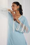 Roze_Blue Cotton, Chiffon Embroidery, Lace V-neck Estelle Bell Sleeve Kurta Set_at_Aza_Fashions