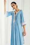 Shop_Roze_Blue Cotton, Handloom Cotton, Chiffon Embroidery, Iris Pintucked Yoke Kurta Set _Online_at_Aza_Fashions