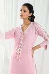 Shop_Roze_Pink Cotton, Chiffon Beads, Fringe, Lace V-neck Eden Front Tasselled Kurta Set _Online_at_Aza_Fashions