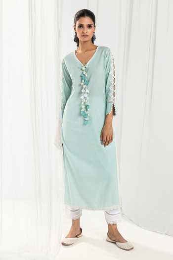 Roze_Blue Cotton, Chiffon Embroidery, Lace, Tassels Eden Sleeve Embellished Kurta Set _Online_at_Aza_Fashions