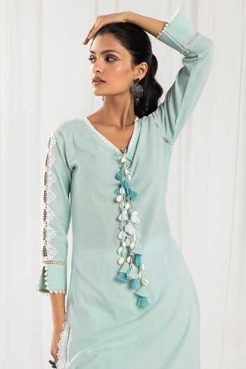 Shop_Roze_Blue Cotton, Chiffon Embroidery, Lace, Tassels Eden Sleeve Embellished Kurta Set _Online_at_Aza_Fashions