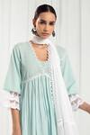 Shop_Roze_Blue Cotton, Chiffon Lace V-neck Aura Pleated Anarkali Set _Online_at_Aza_Fashions