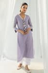 Roze_Purple Cotton, Chiffon Beads, Fringe, Cut Eden Front Tasselled Kurta Pant Set _Online_at_Aza_Fashions