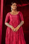 Roze_Fuchsia Anarkali Shimmer Soft Tissue Hand Embroidered Gota Arya Tiered Set _at_Aza_Fashions