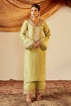 Roze_Green Soft Shimmer Tissue Hand Embroidered Lace Sakina Kurta Pant Set _Online_at_Aza_Fashions