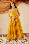 Buy_Roze_Yellow Anarkali Soft Shimmer Tissue Hand Embroidered Gota Sahiba Tiered Set _at_Aza_Fashions