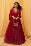 Buy_Awigna_Maroon Georgette Mirror V Neck Printed Anarkali With Dupatta_at_Aza_Fashions