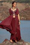 Shop_Awigna_Maroon Georgette Printed Cape And Dhoti Pant Set_at_Aza_Fashions