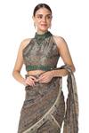 Buy_Rabani & Rakha_Green Georgette Halter Printed Pre-draped Saree With Blouse  _Online_at_Aza_Fashions