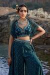 Buy_Awigna_Green Georgette Printed Mirror V Neck Cape And Palazzo Set _Online_at_Aza_Fashions