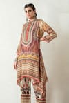 Buy_Rajdeep Ranawat_Brown Silk Band Collar Navya Asymmetric Tunic  _at_Aza_Fashions