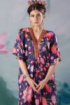 Rajdeep Ranawat_Blue Silk Printed Lotus Motifs V Neck Kusum Kaftan  _at_Aza_Fashions