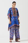 Buy_Rajdeep Ranawat_Blue Silk Printed Geometric Band Collar Poncho Tunic  _at_Aza_Fashions