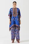 Shop_Rajdeep Ranawat_Blue Silk Printed Geometric Band Collar Poncho Tunic  _at_Aza_Fashions