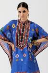 Buy_Rajdeep Ranawat_Blue Silk Printed Geometric Band Collar Poncho Tunic  _Online_at_Aza_Fashions