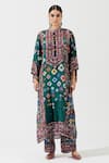 Shop_Rajdeep Ranawat_Green Silk Printed Geometric Band Collar Kurta  _Online_at_Aza_Fashions