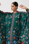 Rajdeep Ranawat_Green Silk Printed Geometric Band Collar Kaftan Tunic  _at_Aza_Fashions