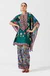 Buy_Rajdeep Ranawat_Green Silk Printed Geometric Band Collar Poncho Tunic  _at_Aza_Fashions