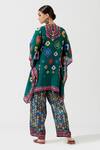 Shop_Rajdeep Ranawat_Green Silk Printed Geometric Band Collar Poncho Tunic  _at_Aza_Fashions