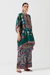 Rajdeep Ranawat_Green Silk Printed Geometric Band Collar Poncho Tunic  _Online_at_Aza_Fashions