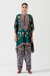 Shop_Rajdeep Ranawat_Green Silk Printed Geometric Band Collar Poncho Tunic  _Online_at_Aza_Fashions