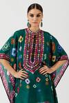 Rajdeep Ranawat_Green Silk Printed Geometric Band Collar Poncho Tunic  _at_Aza_Fashions