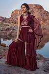 Buy_Awigna_Maroon Georgette Ruched Peplum And Sharara Set_at_Aza_Fashions