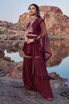 Shop_Awigna_Maroon Georgette Ruched Peplum And Sharara Set_at_Aza_Fashions