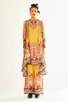 Buy_Rajdeep Ranawat_Yellow Satin Printed Floral Permaz Trouser  _at_Aza_Fashions