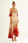 Buy_Rajdeep Ranawat_Beige Silk Printed Floral V Neck Cindy Dress _at_Aza_Fashions