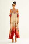 Buy_Rajdeep Ranawat_Beige Silk Printed Floral V Neck Cindy Dress _Online_at_Aza_Fashions