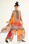 Shop_Rajdeep Ranawat_Orange Silk Printed Floral Band Collar Navya Draped Tunic  _Online_at_Aza_Fashions