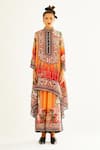 Buy_Rajdeep Ranawat_Orange Silk Printed Floral Band Collar Navya Draped Tunic _at_Aza_Fashions