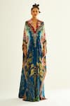 Buy_Rajdeep Ranawat_Blue Silk Printed Geometric V Neck Imama Kaftan  _Online_at_Aza_Fashions