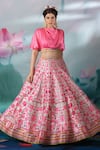 Buy_Rajdeep Ranawat_Pink Printed Lotus Motifs Cowl Neck Leela Skirt And Satin Top Set  _at_Aza_Fashions