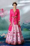 Rajdeep Ranawat_Pink Printed Lotus Motifs V Neck Leela Skirt And Satin Tunic Set  _Online_at_Aza_Fashions