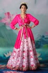 Buy_Rajdeep Ranawat_Pink Printed Lotus Motifs V Neck Leela Skirt And Satin Tunic Set  _Online_at_Aza_Fashions