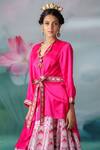 Shop_Rajdeep Ranawat_Pink Printed Lotus Motifs V Neck Leela Skirt And Satin Tunic Set  _Online_at_Aza_Fashions