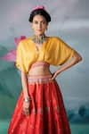 Shop_Rajdeep Ranawat_Red Printed Multi Motifs V Neck Leela Skirt And Satin Top Set  _Online_at_Aza_Fashions