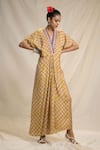 Buy_Rajdeep Ranawat_Yellow Silk V Neck Bandhani Print Kaftan Dress  _at_Aza_Fashions