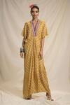 Buy_Rajdeep Ranawat_Yellow Silk V Neck Bandhani Print Kaftan Dress  _Online_at_Aza_Fashions