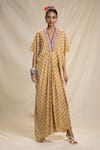 Shop_Rajdeep Ranawat_Yellow Silk V Neck Bandhani Print Kaftan Dress  _Online_at_Aza_Fashions