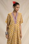 Rajdeep Ranawat_Yellow Silk V Neck Bandhani Print Kaftan Dress  _at_Aza_Fashions