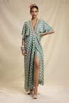 Buy_Rajdeep Ranawat_Green Silk V Neck Bandhani Print Kaftan Dress  _at_Aza_Fashions