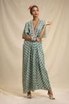 Rajdeep Ranawat_Green Silk V Neck Bandhani Print Kaftan Dress  _Online_at_Aza_Fashions