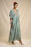 Shop_Rajdeep Ranawat_Green Silk V Neck Bandhani Print Kaftan Dress  _Online_at_Aza_Fashions