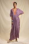 Buy_Rajdeep Ranawat_Purple Silk V Neck Bandhani Print Kaftan Dress  _Online_at_Aza_Fashions