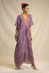 Rajdeep Ranawat_Purple Silk V Neck Bandhani Print Kaftan Dress  _Online_at_Aza_Fashions