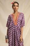 Rajdeep Ranawat_Purple Silk V Neck Bandhani Print Kaftan Dress  _at_Aza_Fashions