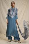 Buy_Rajdeep Ranawat_Blue Silk Band Collar Bandhani Print Kurta Set  _at_Aza_Fashions